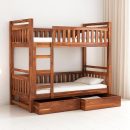 Modern Dual-Level Sleeping Structure with Ladder | Space-Saving Multi-Tier Wooden Bed Layout for Adults and Kids with Storage Box (Natural Finish)
