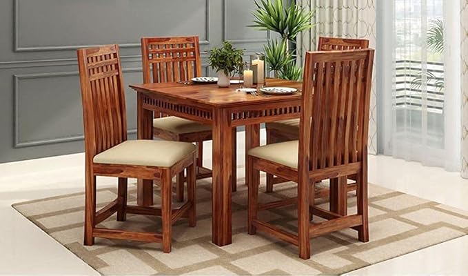 Sheesham Wood 4 Seater Dining Table Set for Home Hall || Wooden Dinner Table with 4 Cushion Chairs || Dining Room Sets - Dark Honey Finish - Customer Side Self Assembly (DIY) Chair Assembled