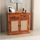 Small Wooden Cabinet for Living Dining Drawing Bedroom & Office with 2 Drawer & 2 Rack - Solid Wood Sheesham Cabinet in Net Style (Honey Finish)