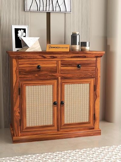 Small Wooden Cabinet for Living Dining Drawing Bedroom & Office with 2 Drawer & 2 Rack - Solid Wood Sheesham Cabinet in Net Style (Honey Finish)