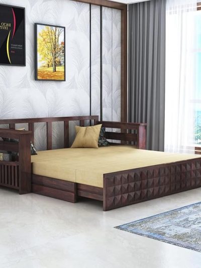 Solid Seesam Wood Diamond 3-Person Sofa Cum Bed With Storage and Side Pockets for Living Room All Bedroom (Walnut Finish)