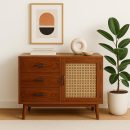 Modway Mid-Century Modern Sideboard Cabinet, Sheesham Wood with Cane Webbing, 3 Drawers and Storage Door, 120 x 40 x 75 cm, Living Room Console