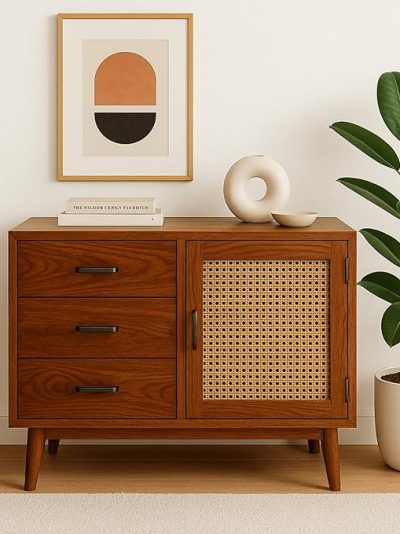 Modway Mid-Century Modern Sideboard Cabinet, Sheesham Wood with Cane Webbing, 3 Drawers and Storage Door, 120 x 40 x 75 cm, Living Room Console