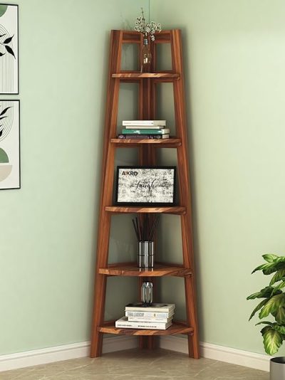 Sheesham Wood Corner Shelf for Living Room Bedroom Home | 5 Tier Corner Bookshelf | Wooden Ladder Bookcase Display Unit (Honey Finish)