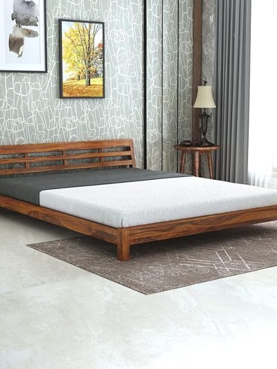 Sheesham Wood Low Height Queen Size Bed Without Storage for Bedroom Living Room Wooden Double Bed Palang (Natural Finish, 157.5L X 218W X 73.7H Centimeters)